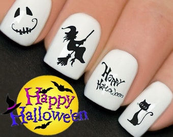 Halloween Nail Art Water Transfer  Sticker Decal Nail Wraps Cats Witches Jack o Lantern Y099