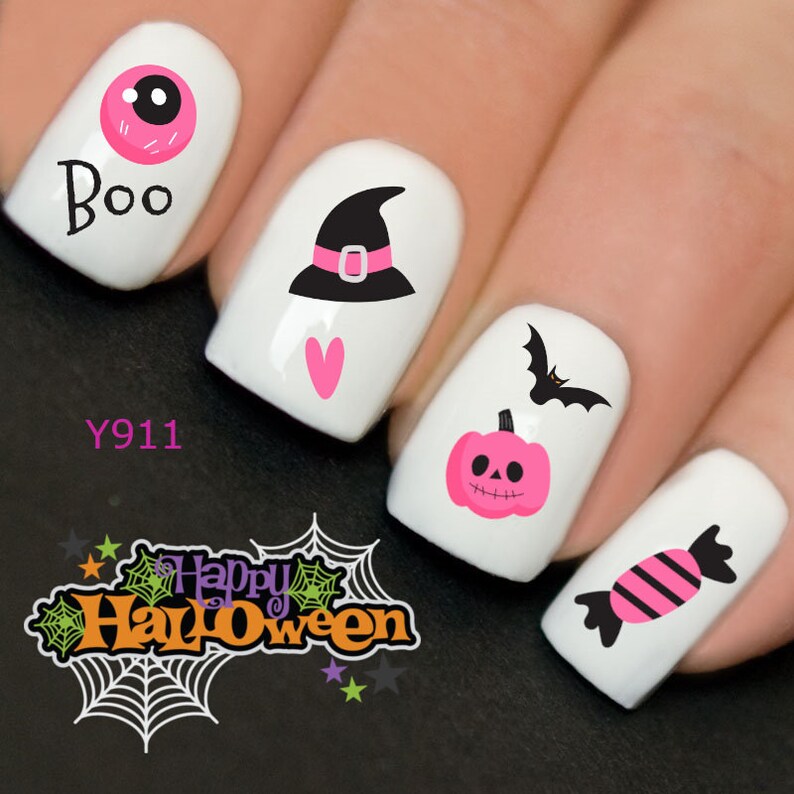 Halloween Cute Pink Bones Skeletons Witches Nail Art Set Water - Etsy