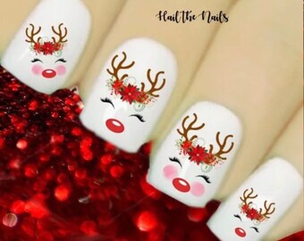 Christmas Nail Art Reindeer Red Nose Wraps Vintage Style Y