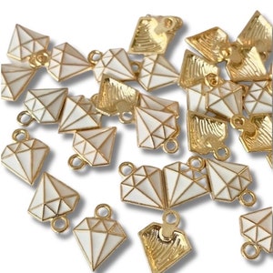 Diamond Charms White & Gold Enamel Diamond Charms Charm Beads, Jewellery Making, DIY Craft for Bracelets Earrings Pendants