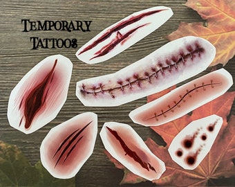 Tatouages temporaires d'Halloween - Cicatrices réalistes Points de sang Coupes Tatouage temporaire Sacs de fête d'Halloween Tatouages