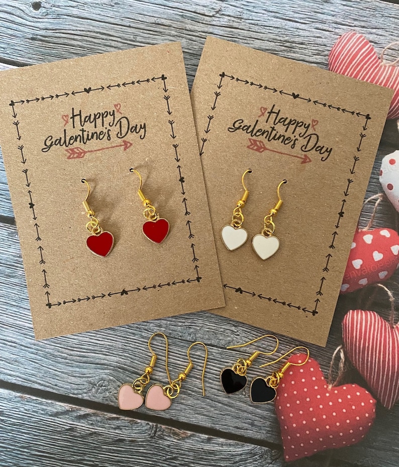 Happy Galentines Card Gold Heart Red Pink Black With Enamel Valentines Gold Heart Charms Valentines KRAFT White Heart Earrings