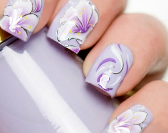 Lily Flower Nail decals Lilac Silver 3D Nail Art Nails Water Transfers Decals Stickers Wraps Salon Quality YT722