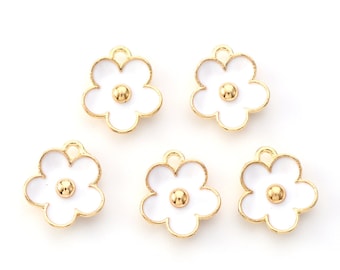 Daisy White Charms - Gold & Enamel Daisy 1.3cm - Pink White Flower Charms - Small Flower Charms - 1/5/10 Packs