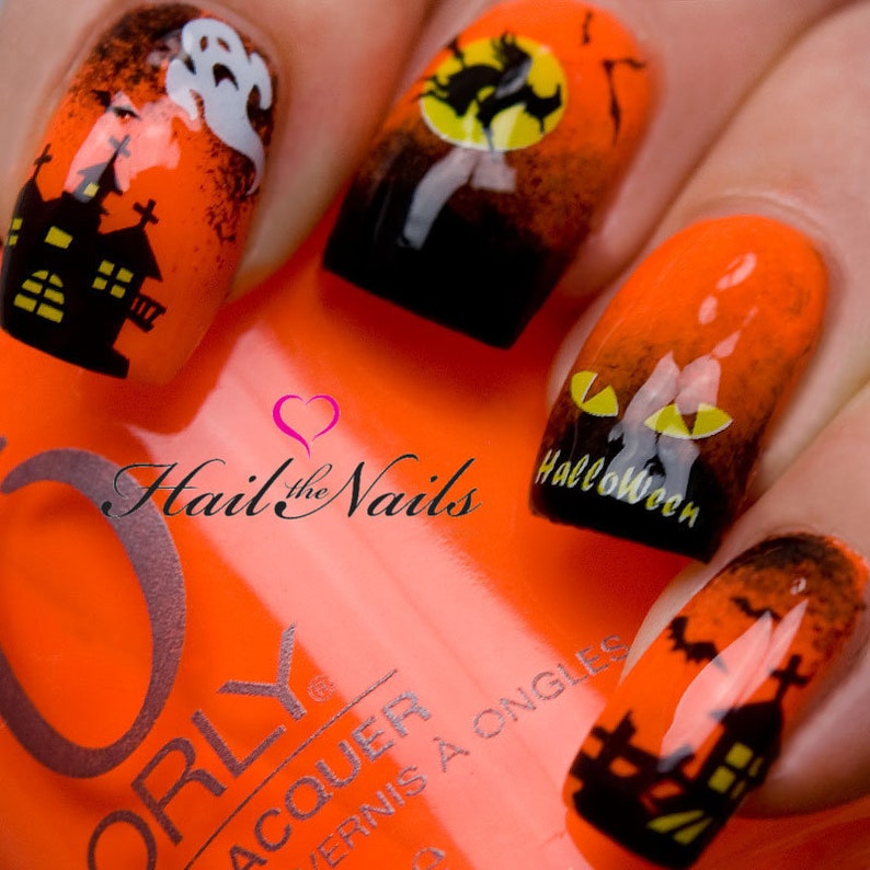 Halloween Nails Haunted House Nail Art Water Transfer Ghost Sticker Decal Nail Wraps Bats Witches Y745 image 1