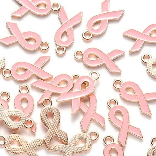 10 Baby Pink & Gold Enamel Wellness Ribbon Charms Charm Beads, Jewellery Making Charity Breast Awareness