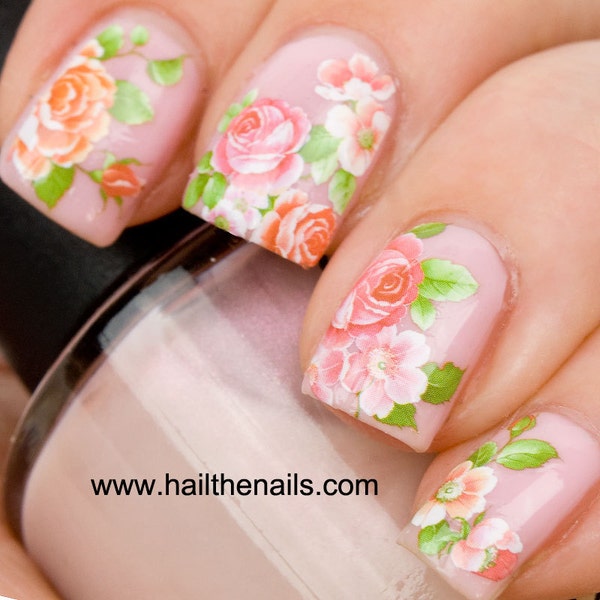 English Rose Nail Art Water Transfer Decal Pink & Peach Y093