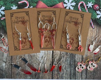 Orecchini di Halloween - Gioielli di Halloween, orecchini con schizzi di sangue, orecchini con pugnale, festa di Halloween, coltello e sega di Halloween - Boo Box