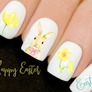 Easter Bunny nails Watercolour Bow Bunny Flower Nails Nail Art Decals Water Transfers Stickers V23 image 1