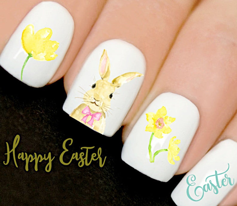 Easter Bunny nails Watercolour Bow Bunny Flower Nails Nail Art Decals Water Transfers Stickers V23 image 1