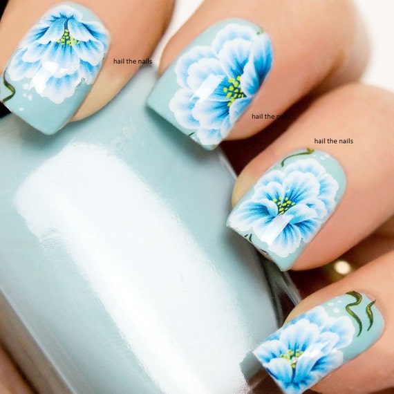 Flower Nail Art Blue Floral Lily Rose Nail Wraps Water Transfers Decal  Stickers Nail Art 