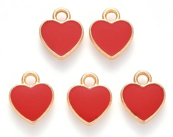 Red Gold Enamel Heart Charms -  0.8cm 1.5mm hole - Charm Beads Jewellery Making - for wish Bracelets Earrings Pendants - Love Hearts