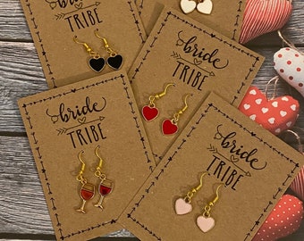 Bride Tribe Hen Party -  Gold Heart Red Pink Black Earrings -Bachelorette Party Favors -  Wedding Favors - Bridesmaid Gift - Hen Do Gifts