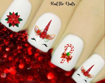 Christmas Unicorn Nail Nails Water Wraps Candy Canes Decals Transfers Decals Art Y144