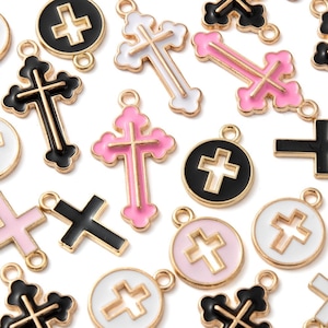 Kreuz Charms - Rosa Schwarz Weiß Emaille Kreuz Charms - Gold religiöse Charms - Osterkreuz Charms - 13mm Loch 1,5mm