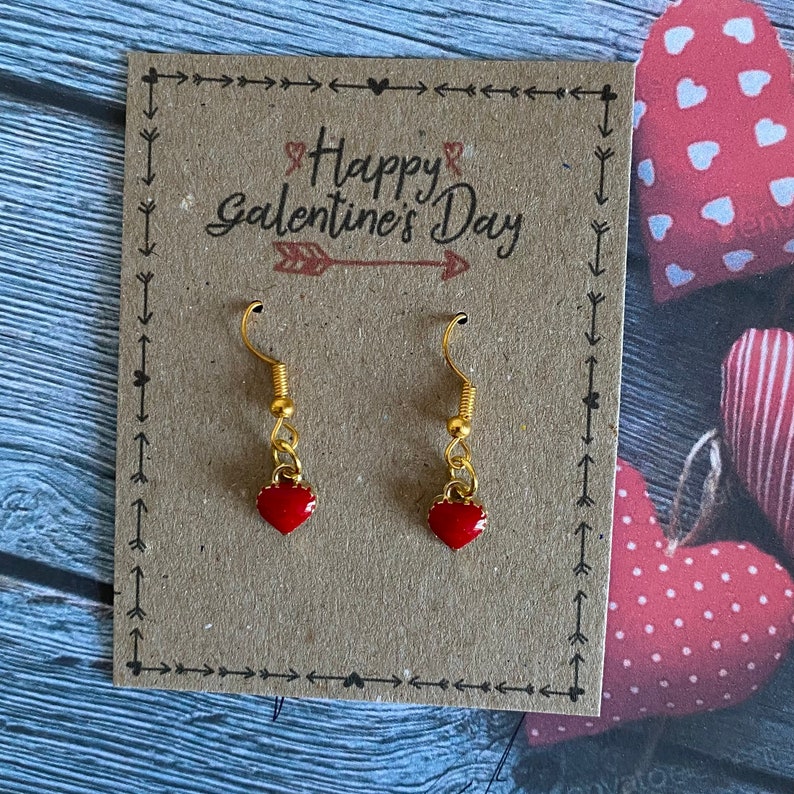 Happy Galentines Card Gold Heart Red Pink Black With Enamel Valentines Gold Heart Charms Valentines KRAFT Red Earrings SM