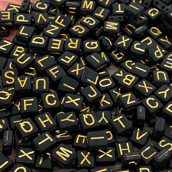 Alphabet Letter Beads, 8mm  Lettering Charms A-Z Letter Beads, Black Gold Acrylic Letter Beads, Jewellery Making, DIY Craft