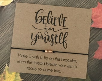 Friendship Believe in Yourself Card - Good Luck Card - Exam Wish String Rose Gold Charm Bracelet Gift #78