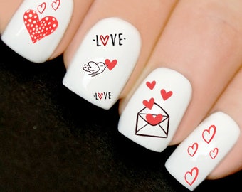 Red Valentines Heart Love Nail Wraps Nail Art Nail Decals Water Transfers  V1