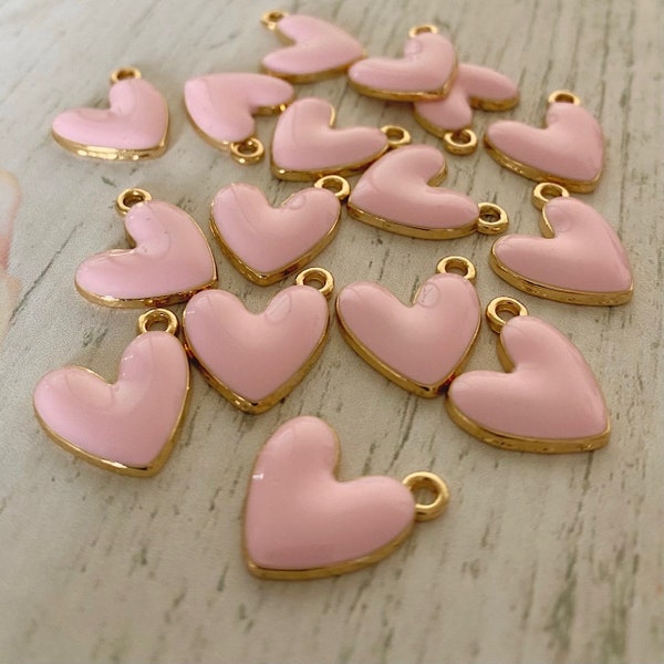 Pink Heart Charms - Offset Pink Gold & Enamel Love Hearts - 1.6cm Charms - Pink Valentine Heart Charms