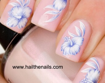 Nail Art Wraps Water Transfers Decals YT060A Flowers White Blue orchid Bud Tips