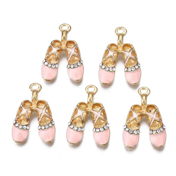 2 Ballet Shoe Charms -  White Pink Diamante Crystal Ballet Slippers Charm - 2.6 x 1.5mm Enamel Gold Ballerina Ballet