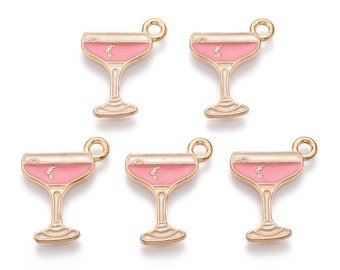 Ciondoli a forma di bicchiere di champagne rosa - Perline con ciondolo in smalto dorato