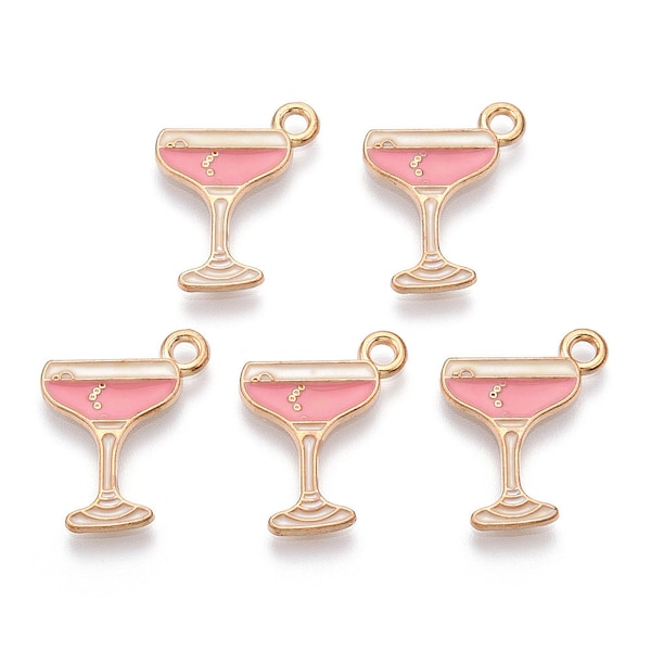 Champagne Glass Charms -  1/5/10 Packs Wine Glass Charms - Pink Champagne Glasses - Gold Enamel Charms Charm Beads