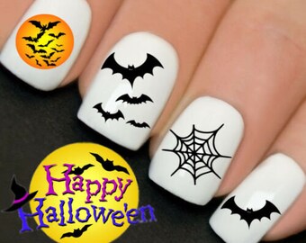 Halloween Nails Bats Moon Spiders Web Nail Art Water Transfer Decal Wraps Y761