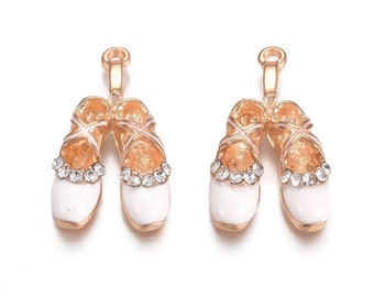 2 Ballet Shoe Charms -  White Pink Diamante Crystal Ballet Slippers Charm - 2.6 x 1.5mm Enamel Gold Ballerina Ballet