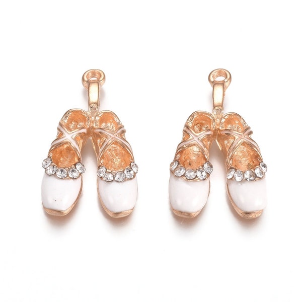 2 Ballet Shoe Charms -  White Pink Diamante Crystal Ballet Slippers Charm - 2.6 x 1.5mm Enamel Gold Ballerina Ballet