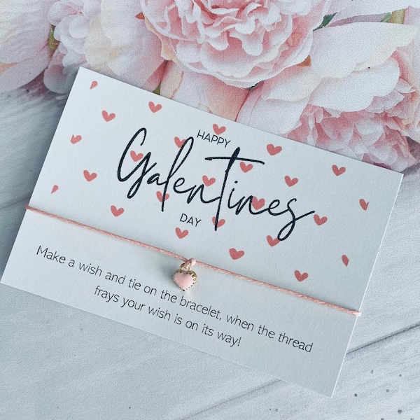 BULK Galentines Day Card & Wish Bracelet -  Coquette Valentines -  Friendship Card - Heart WHT02