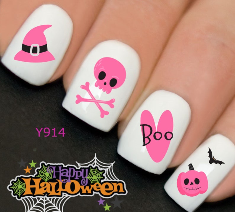 Halloween Cute Pink Bones Skeletons Witches Nail Art Set Water - Etsy