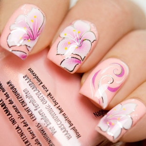 Nail Wraps Nail Art Nail Decals Water Transfers Pink Floral Casablanca Silver Lily Salon Quality YD716