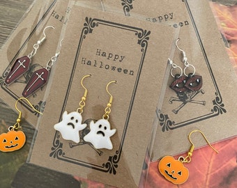Halloween Earrings Gold Jewelry, Halloween Gift, Skull Dangly Earrings, Pumpkin Earrings, Halloween Party, Ghost, Spider, Skeleton