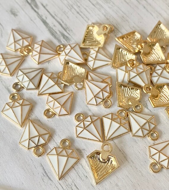 White Diamond Charm - Gold Charms for Jewelry Making - Set of 5 - Gold Keychain Charm