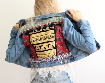 Embellished Denim Jacket with tassels, Embroidered Jean Jacket, Boho Denim Jacket, Upcycled Denim, Upcycled Jacket, Festival Fashion, Hippie