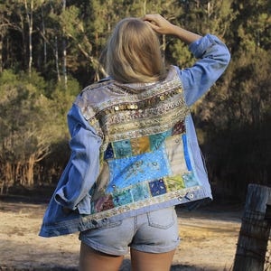 Embellished Blue Elephant Denim Jacket, Embroidered Jean Jacket, Boho Denim Jacket, Upcycled Denim, Upcycled Jacket, Festival Fashion