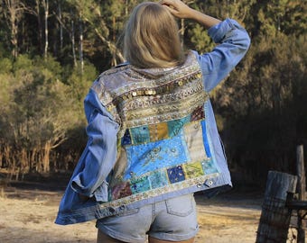 Embellished Blue Elephant Denim Jacket, Embroidered Jean Jacket, Boho Denim Jacket, Upcycled Denim, Upcycled Jacket, Festival Fashion