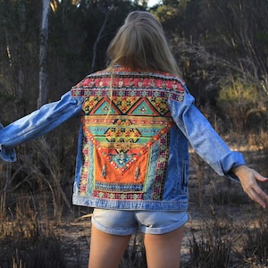 Embellished Aztec Denim Jacket, Embroidered Jean Jacket, Boho Denim Jacket, Upcycled Denim, Upcycled Jacket, Festival Fashion, Hippie