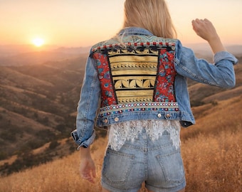 Embellished Denim Jacket with tassels, Embroidered Jean Jacket, Boho Denim Jacket, Upcycled Denim, Upcycled Jacket, Festival Fashion, Hippie