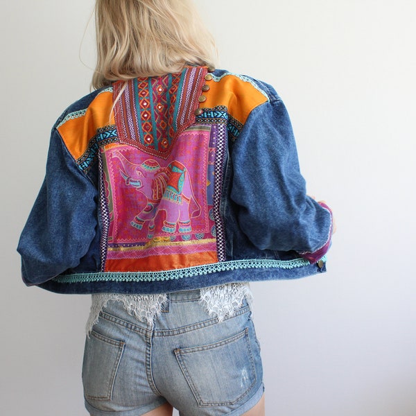 Embellished Elephant Denim Jacket, Embroidered Jean Jacket, Boho Denim Jacket, Upcycled Denim, Upcycled Jacket, Festival Fashion, Hippie