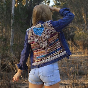 Embellished Purple Sari Denim Jacket, Embroidered Jean Jacket, Boho Denim Jacket, Upcycled Denim, Upcycled Jacket, Festival Fashion, Hippie