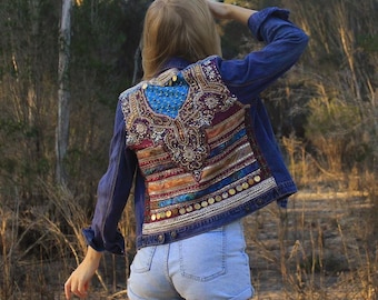 Embellished Purple Sari Denim Jacket, Embroidered Jean Jacket, Boho Denim Jacket, Upcycled Denim, Upcycled Jacket, Festival Fashion, Hippie