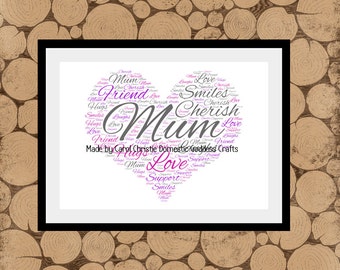 Gift For Mum, Mom Word Cloud, Gift For Gran, Mum Love Heart, Mum Word Collage, Mum Typographic Print.