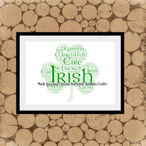 Impresión personalizada de Shamrock, Arte de palabras Shamrock, Shamrock Word Cloud, Arte de palabras irlandesa, Nube de palabras irlandesas, Regalo del Día de San Patricio, Regalo de buena suerte. imagen 1