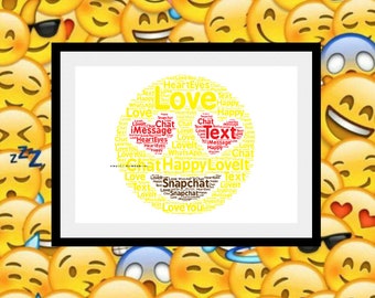 Heart Eyes Emoji, Emoji Print, Impresión emoji personalizada, Regalo de San Valentín, Regalo geek, Collage de palabras de ojos del corazón, Emoji Wordle, Regalo de amor.