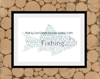 Fishing Word Art, Personalised Fishing Print, Fishing Word Cloud, Fishing Word Collage, Fish Word Art, Fish Word Cloud, Fishing Themed Gift.