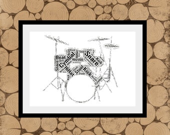 Drummer Gift, Drum Kit Print, Drum Kit Wordle, Drum Kit Word Collage, Drummer Wordle, Drummer Word Collage, Gift For Drummer, Drum Kit Print