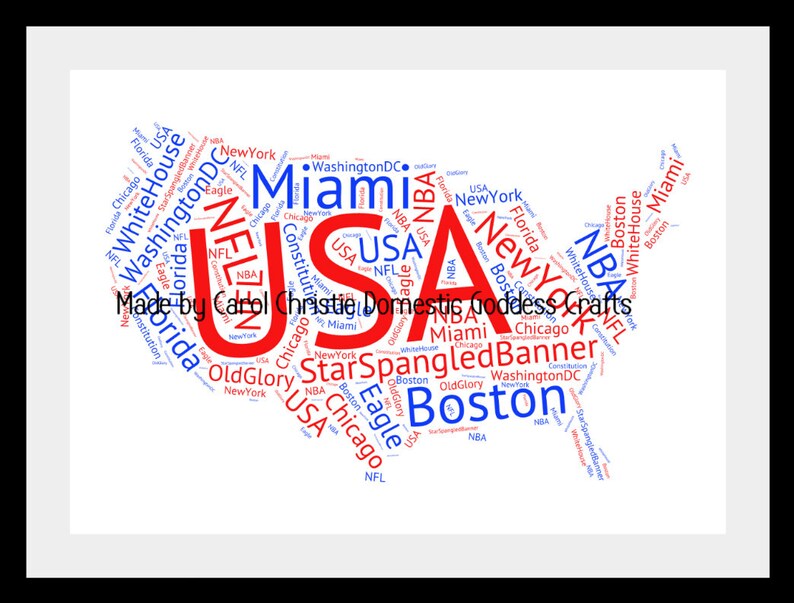 Map of USA Word Art, Personalised Map of America, American Word Collage